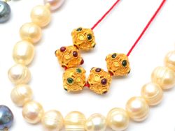 18K Solid Yellow Gold Roundel Shape 8,5X9 mm Bead With Stone Studded, SGTAN-0624, Sold By 1 Pcs.