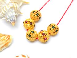 18K Solid Yellow Gold Handmade Roundel Shape 9X9mm Bead With Stone Studded, SGTAN-0625, Sold By 1 Pcs.