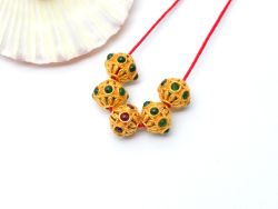 18K Solid Yellow Gold Handmade Roundel Shape 9X8 mm Bead With Stone Studded, SGTAN-0626, Sold By 1 Pcs.