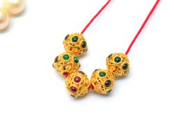 18K Solid Yellow Gold Handmade Roundel Shape 8x8 mm Bead With Stone Studded, SGTAN-0628, Sold By 1 Pcs.