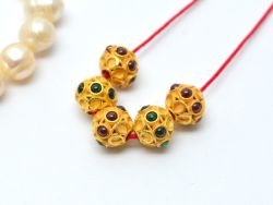 18K Solid Yellow Gold Roundel Shape 8X8 mm Handmade Bead With Stone Studded, SGTAN-0630, Sold By 1 Pcs.