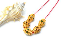 18K Solid Yellow Gold Handmade Drum Shape 11X9 mm Bead With Stone Studded, SGTAN-0633, Sold By 1 Pcs.