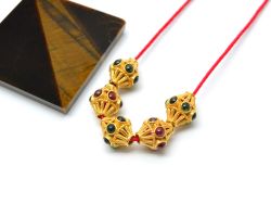 18K Solid Yellow Gold Handmade Drum Shape 9X8 mm Bead With Stone Studded, SGTAN-0635, Sold By 1 Pcs.