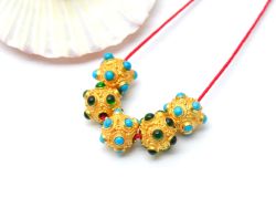 18K Solid Yellow Gold Handmade Fancy Shape 8X9mm Bead With Stone Studded, SGTAN-0672, Sold By 1 Pcs.