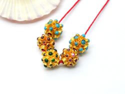 18K Solid Yellow Gold Roundel Shape 10x10mm Bead With Stone Studded, SGTAN-0685, Sold By 1 Pcs.