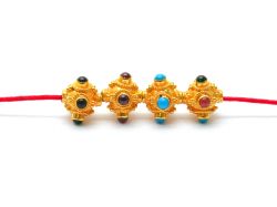 18K Solid Yellow Gold Handmade Roundel Shape 8X9mm Bead With Stone Studded, SGTAN-0686, Sold By 1 Pcs.