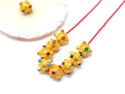 18K Solid Yellow Gold Roundel Shape 7X8 mm Bead With Stone Studded, SGTAN-0687, Sold By 1 Pcs.