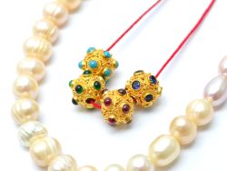 18K Solid Yellow Gold Fancy Roundel Shape 9X10 mm Handmade Bead With Stone Studded, SGTAN-0688, Sold By 1 Pcs.
