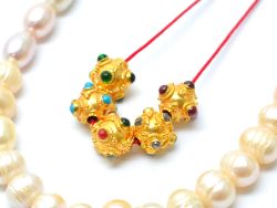 18K Solid Yellow Gold Fancy Roundel Shape 9X9mm Bead With Stone Studded, SGTAN-0689, Sold By 1 Pcs.
