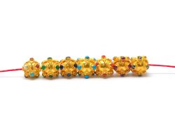 18K Solid Yellow Gold Roundel Shape 9X10 mm Handmade Bead With Stone Studded, SGTAN-0690, Sold By 1 Pcs.