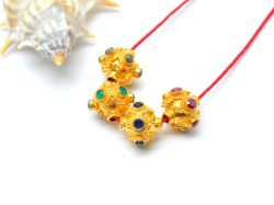 18K Solid Yellow Gold Fancy Roundel Shape 9X10 mm Handmade Bead With Stone Studded, SGTAN-0693, Sold By 1 Pcs.