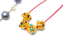 18K Solid Yellow Gold Oval Shape 9X9 mm Bead With Stone Studded, SGTAN-0699, Sold By 1 Pcs.