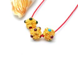 18K Solid Yellow Gold Handmade Oval Shape 8x9mm Bead With Stone Studded, SGTAN-0704, Sold By 1 Pcs.