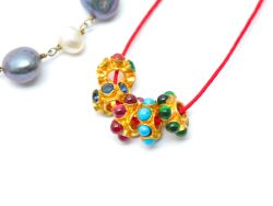 18K Solid  Yellow Gold Beads Studded With Hydro Emerald and Ruby Stone- SGTAN-0723, Sold By 1 Pcs.