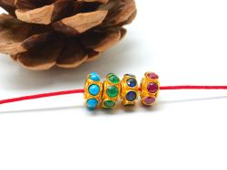  18K Solid  Yellow Gold Beads With  Hydro Emerald and Ruby Stone in 8.5X4 mm   - SGTAN-0727, Sold By 1 Pcs.