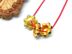 Handmade 18K Solid  Yellow Gold Beads Studded  With  Hydro Emerald and Ruby, 4X9.5mm   - SGTAN-0732, Sold By 1 Pcs.