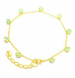 Beautiful 925 Sterling Gold Bracelet With Light Green chalcedony, 4mm - 17cm+3cm Gold Bracelet