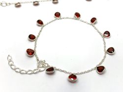  925 Sterling Silver Bracelet With Garnet, 4mm Size - 17cm+3cm Silver Bracelet 