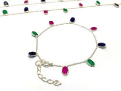 Beautiful 925 Sterling Silver Bracelet With Ruby Emerald Sapphire in 4mm Size - 17cm+3cm Silver Bracelet 