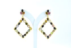 925 Sterling Silver Earring Studded WIth Multi Tourmaline,Chandelier, Natural Tourmaline - 5.5cm Size 